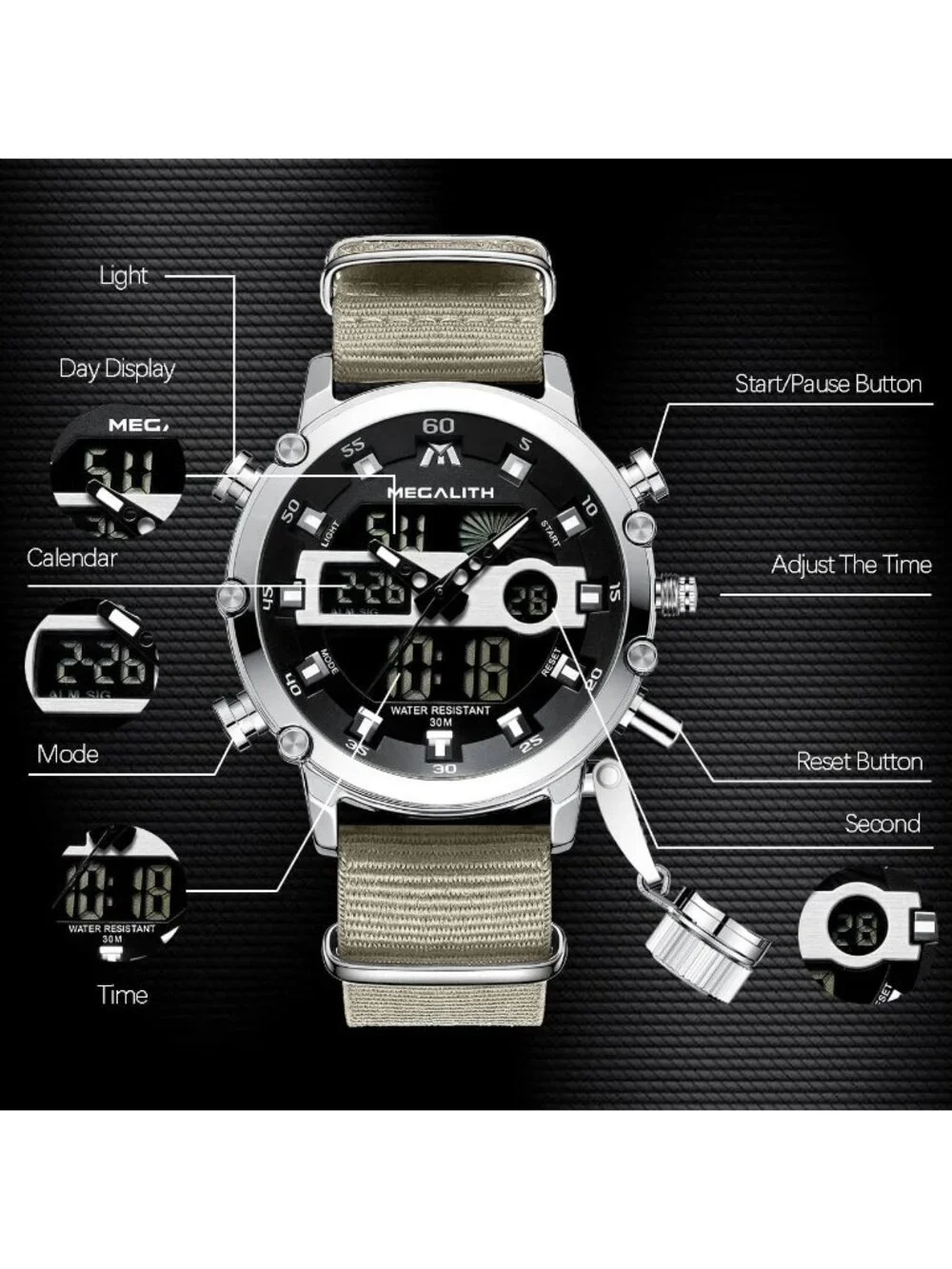 Men's Khaki Analog Quartz Nylon Strap Waterproof Multifunction Digital Watch